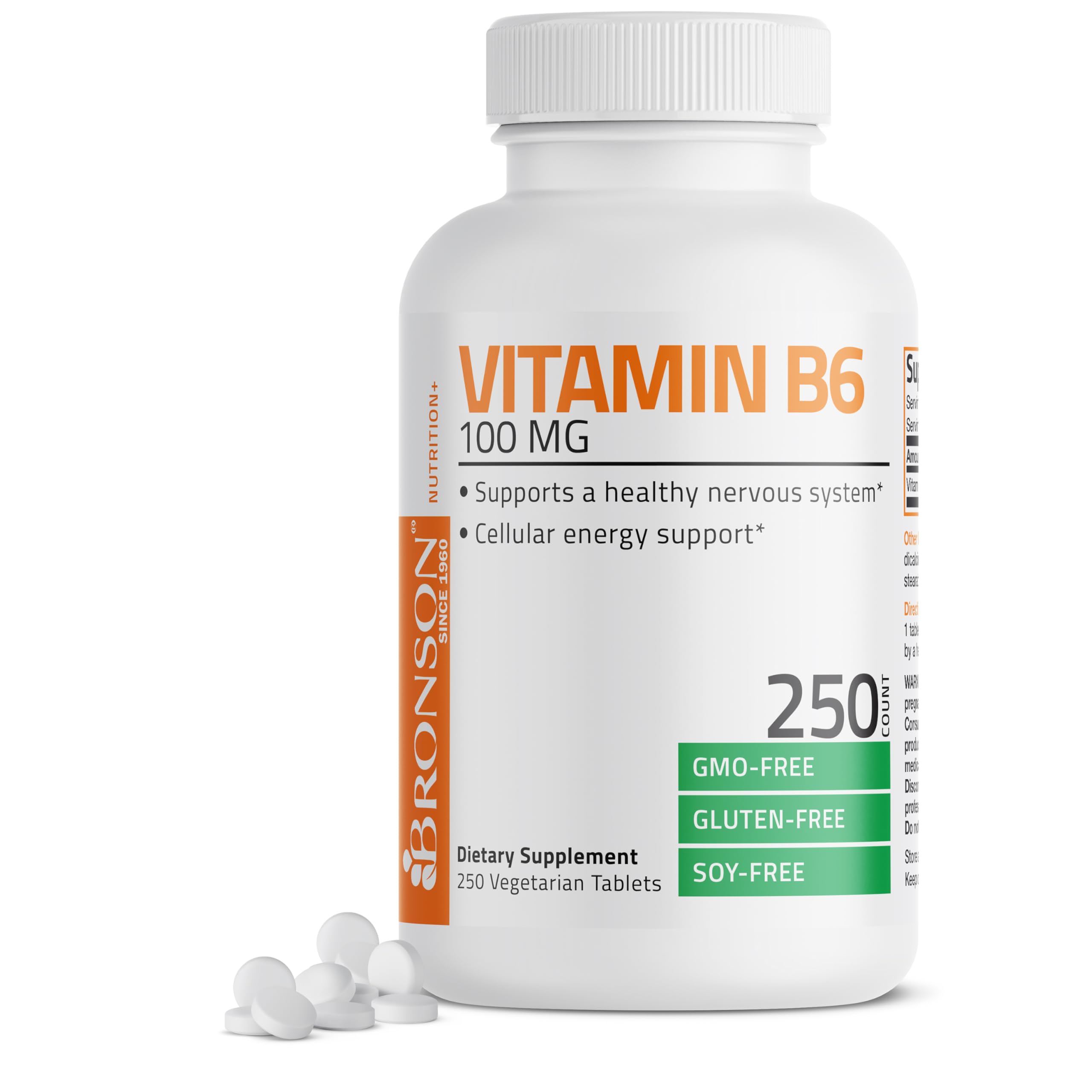 Bronson bote de Vitamina B6 en mano que muestra tamaño real y dosificación práctica