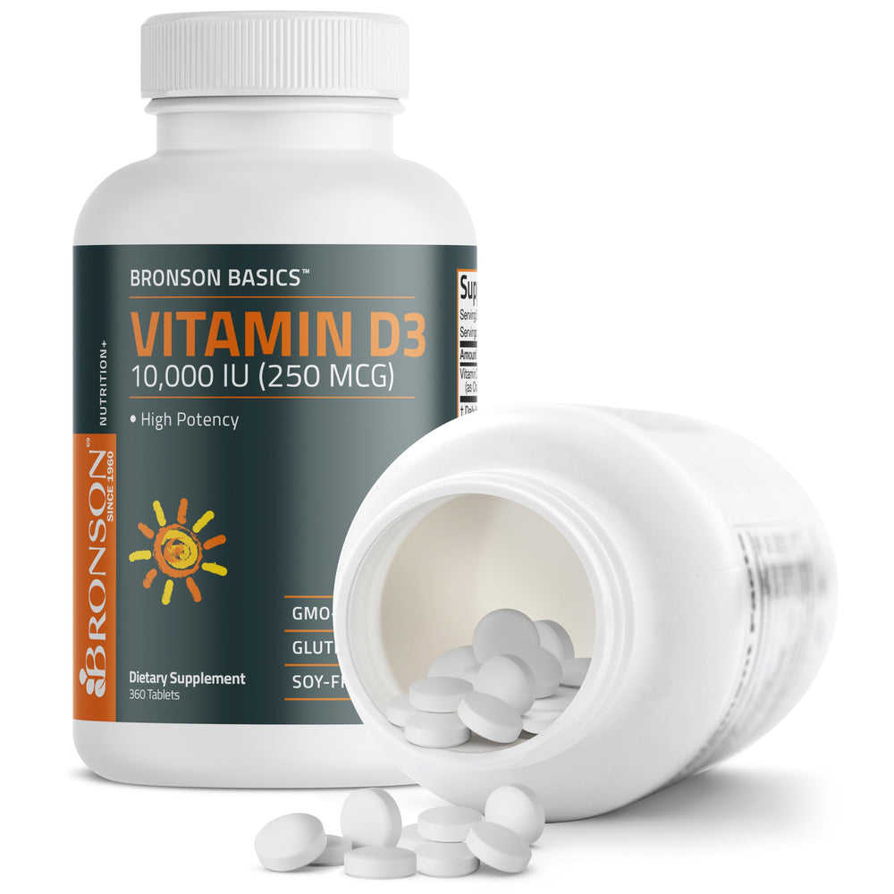 Envase de Bronson Vitamina D3 abierto con tabletas visibles y tapa segura