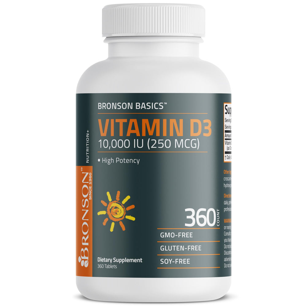 Etiqueta nutricional de Bronson Vitamina D3 mostrando 10.000 IU por tableta