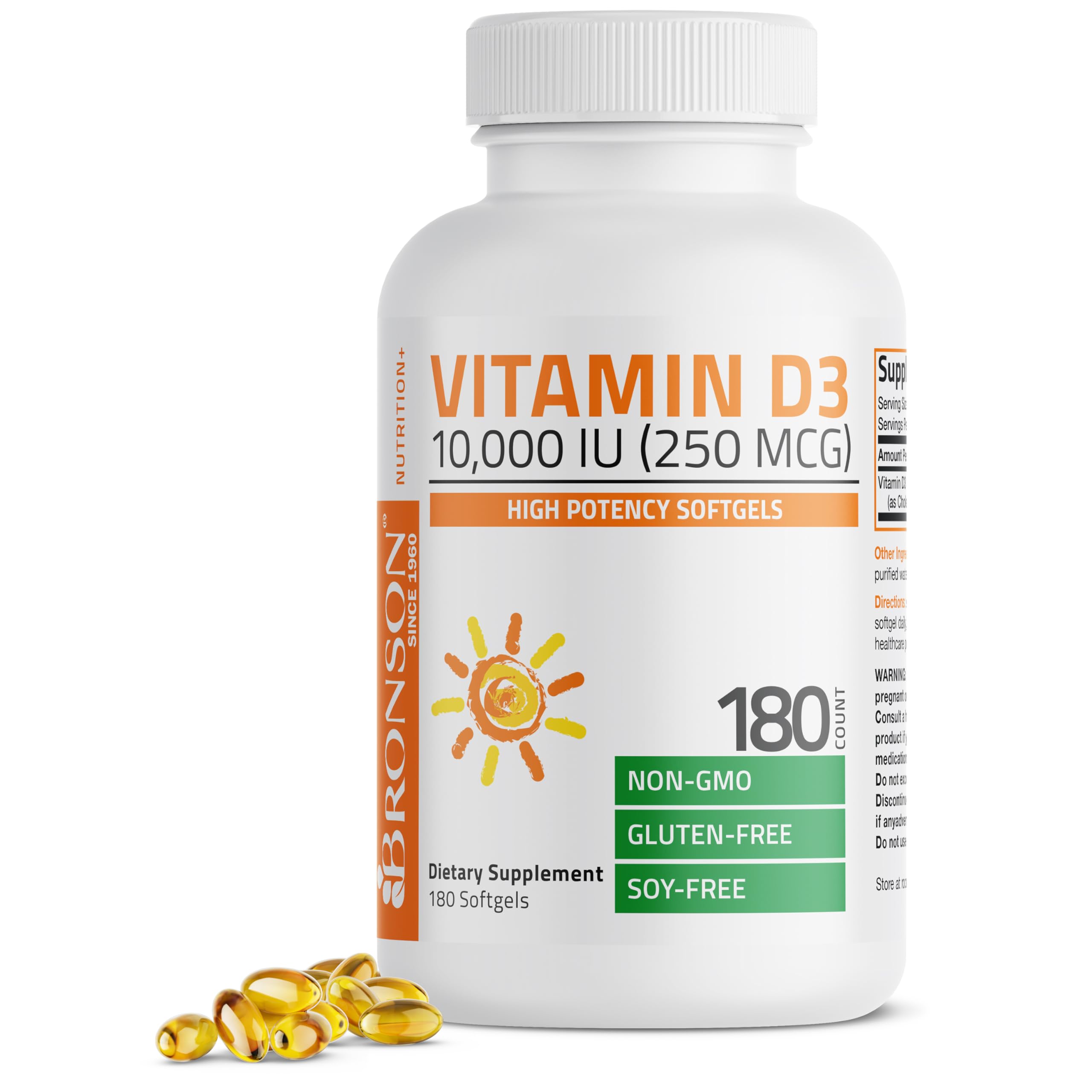 Bronson frasco delantero mostrando 180 softgels y etiqueta clara