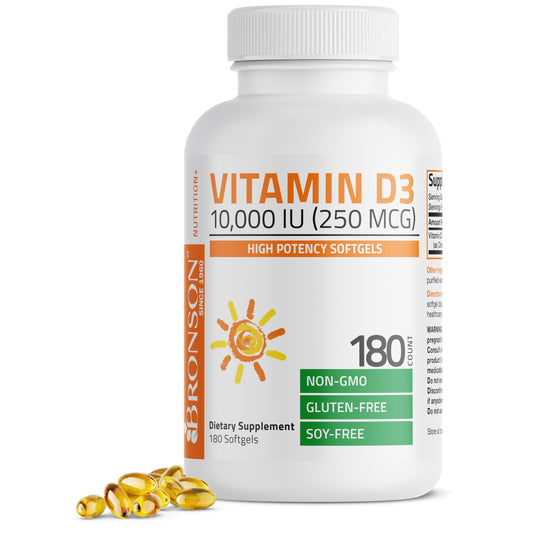 Bronson frasco delantero mostrando 180 softgels y etiqueta clara