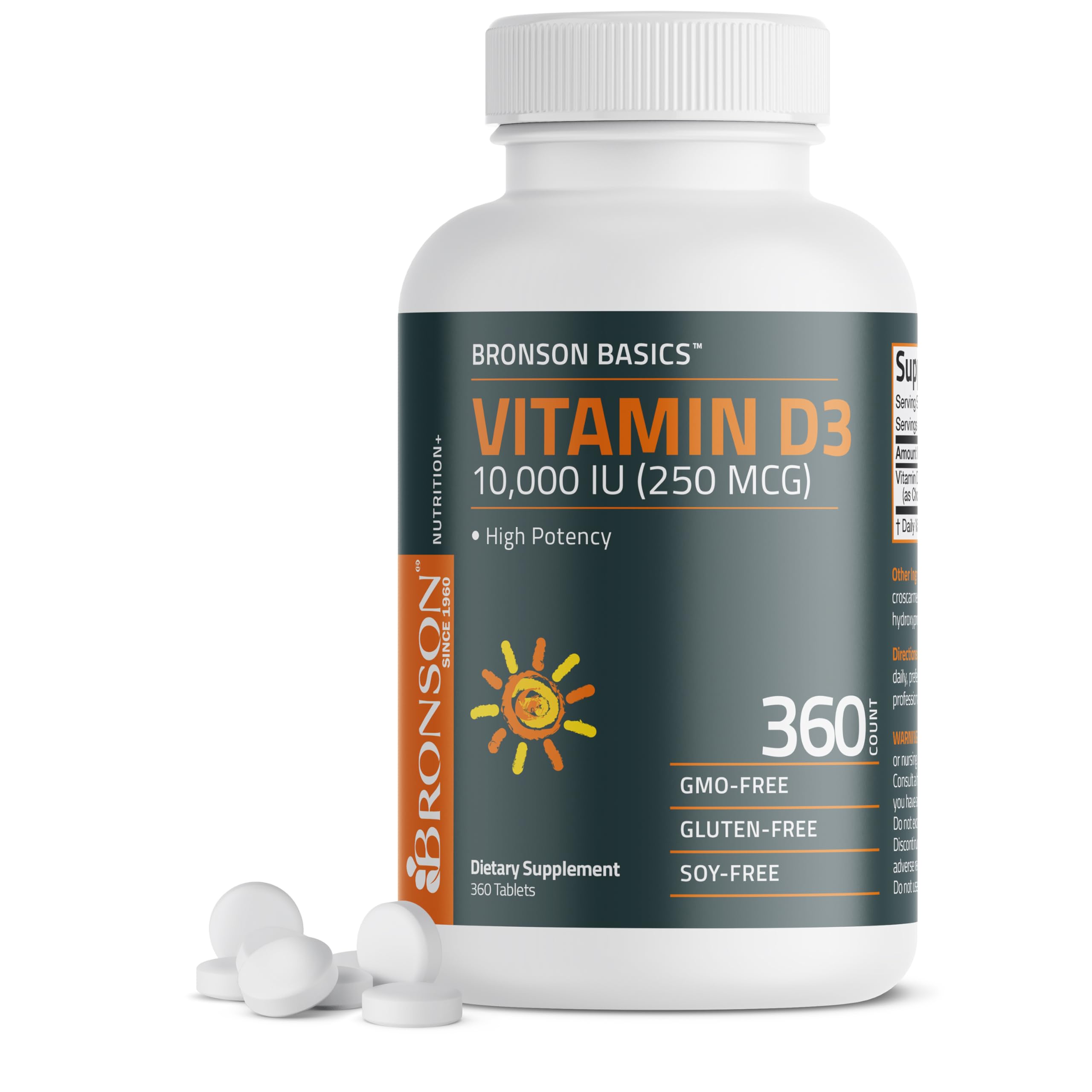Bronson Vitamina D3 frasco frontal mostrando 360 tabletas y etiqueta clara