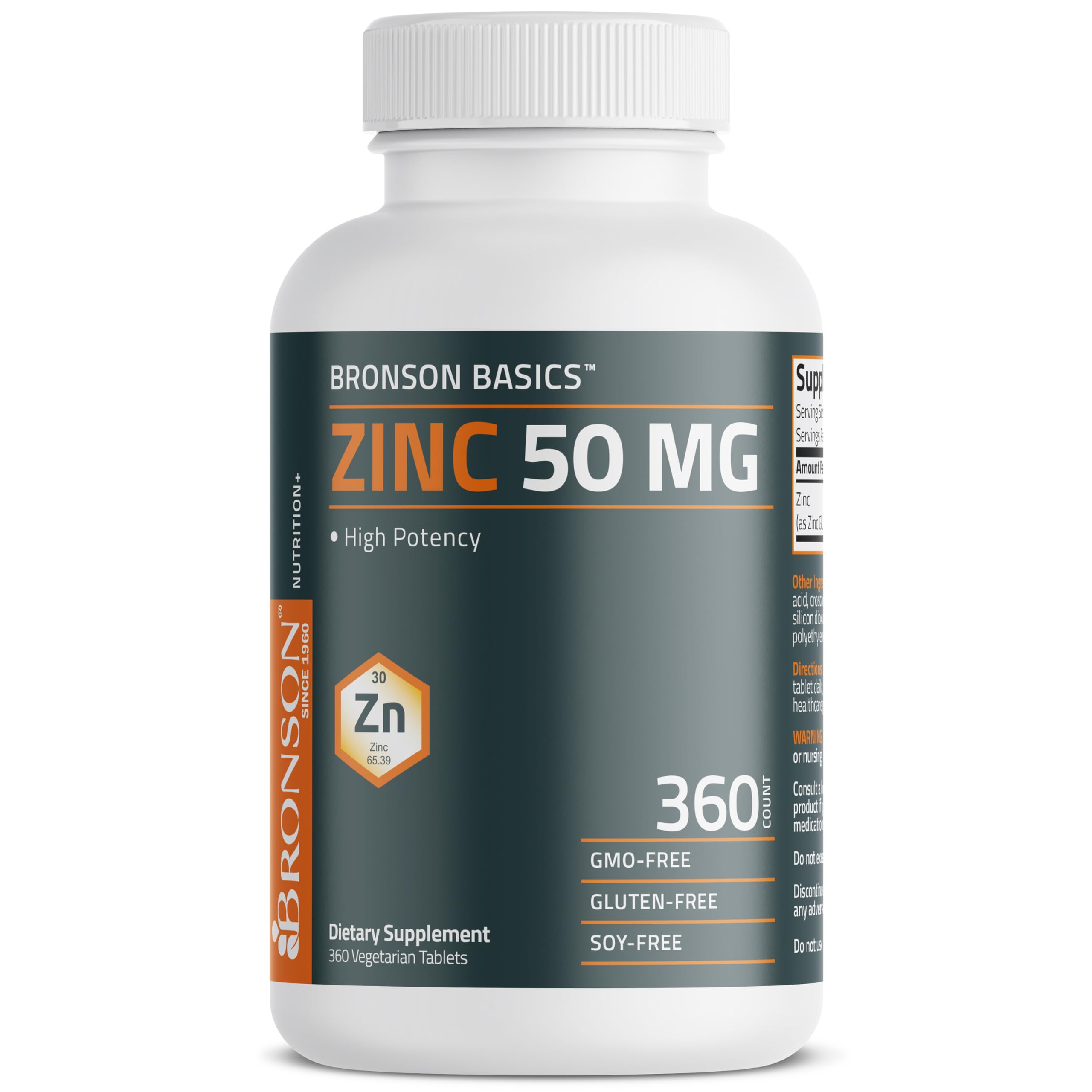 Etiqueta nutricional de Bronson Zinc mostrando 50 mg por tableta y certificaciones