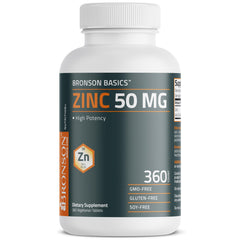 Etiqueta nutricional de Bronson Zinc mostrando 50 mg por tableta y certificaciones
