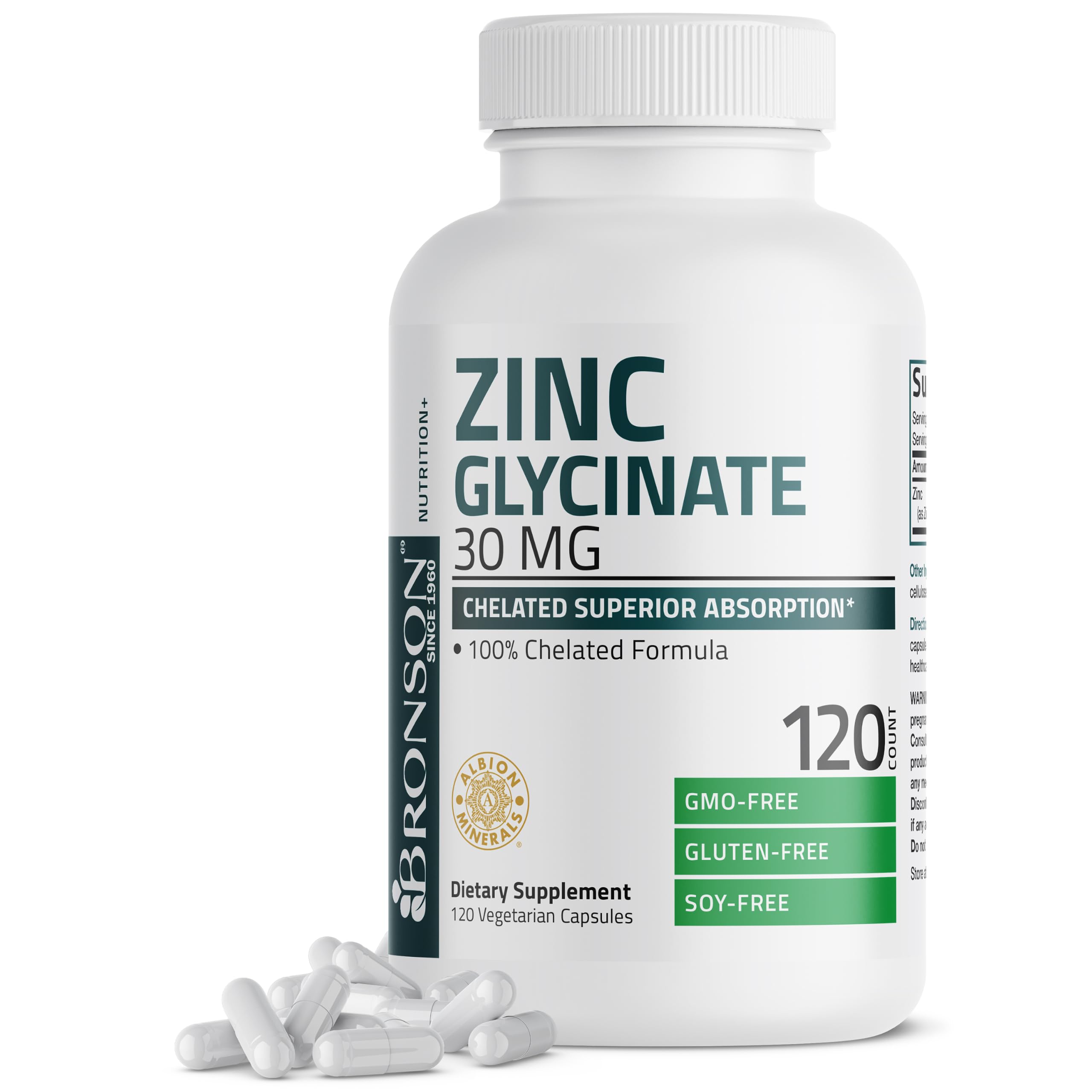 Bronson frasco frontal mostrando Zinc Glycinate 30 mg y ventaja de alta biodisponibilidad