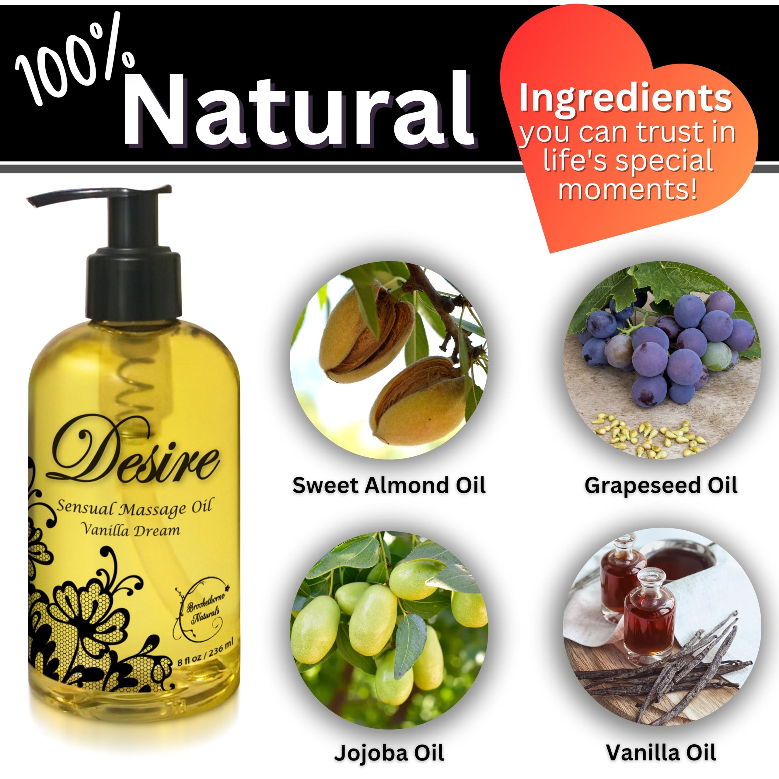 Brookethorne Naturals etiqueta con lista de ingredientes naturales y beneficios