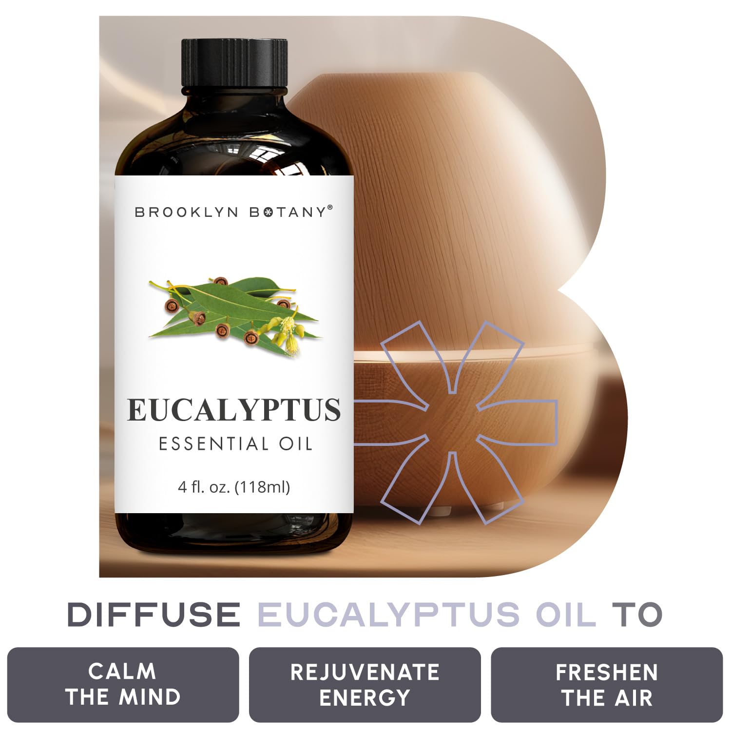 Brooklyn Botany gota de aceite de eucalipto en primer plano, pureza visible y aroma