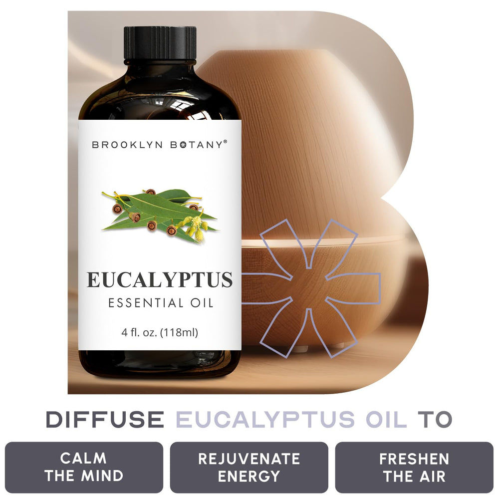 Brooklyn Botany gota de aceite de eucalipto en primer plano, pureza visible y aroma