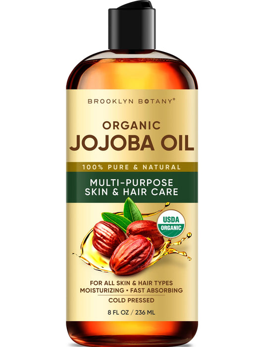 Brooklyn Botany frasco delantero del aceite de jojoba mostrando etiqueta clara y naturalidad