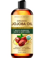 Brooklyn Botany frasco delantero del aceite de jojoba mostrando etiqueta clara y naturalidad