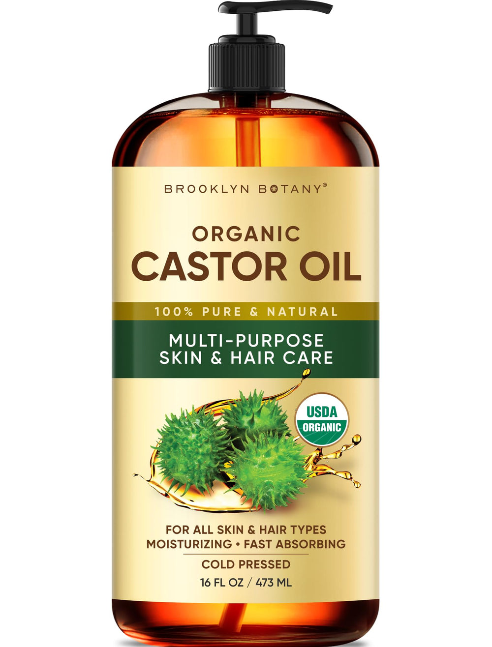 Brooklyn Botany frasco frontal de aceite de ricino mostrando etiqueta y pureza