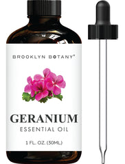 Brooklyn Botany botella frontal de geranio mostrando etiqueta y beneficio aromático