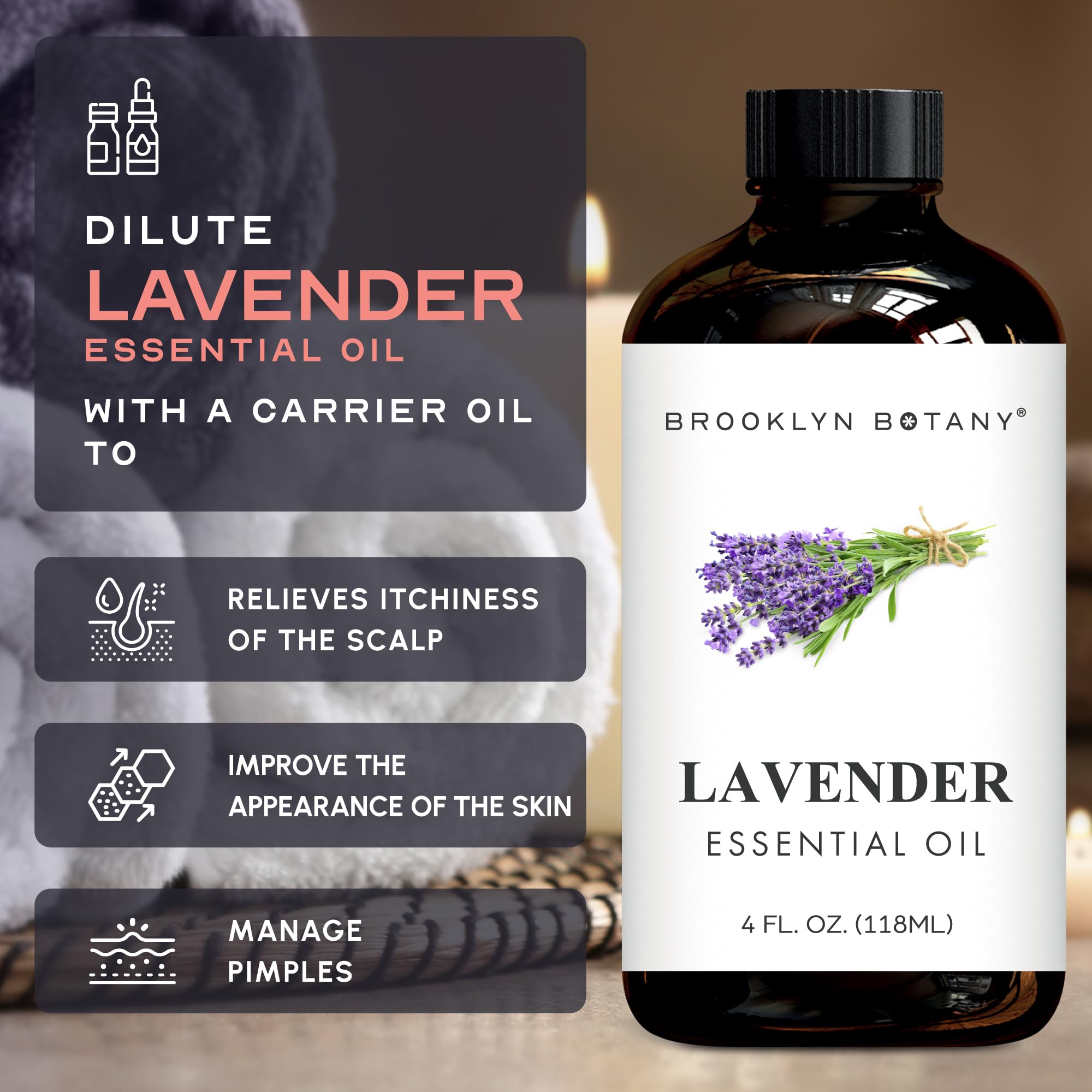 Gotas de aceite de lavanda Brooklyn Botany sobre superficie, concentrado aromático visible