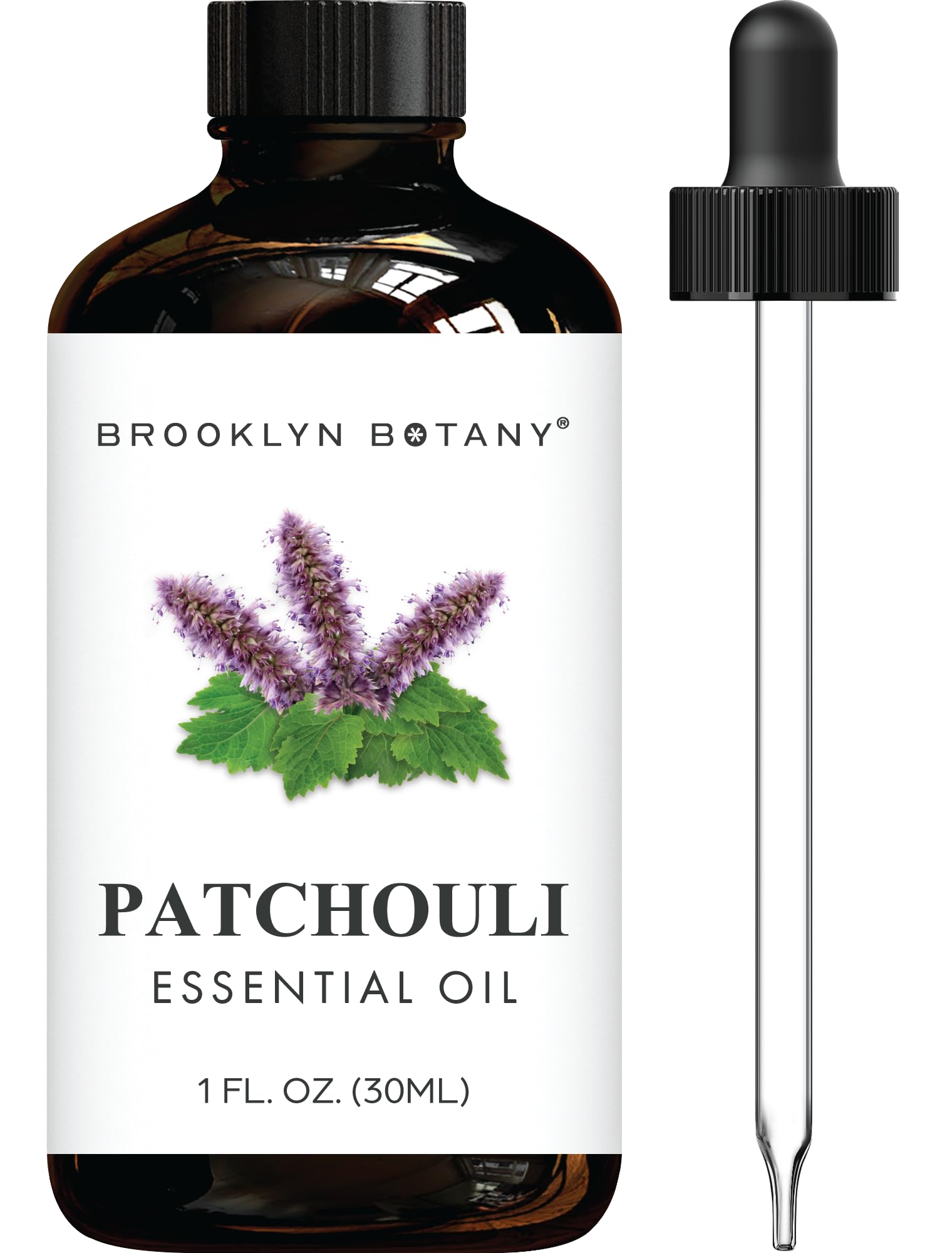 Brooklyn Botany botella frontal de pachulí mostrando etiqueta y volumen, protección anti-UV