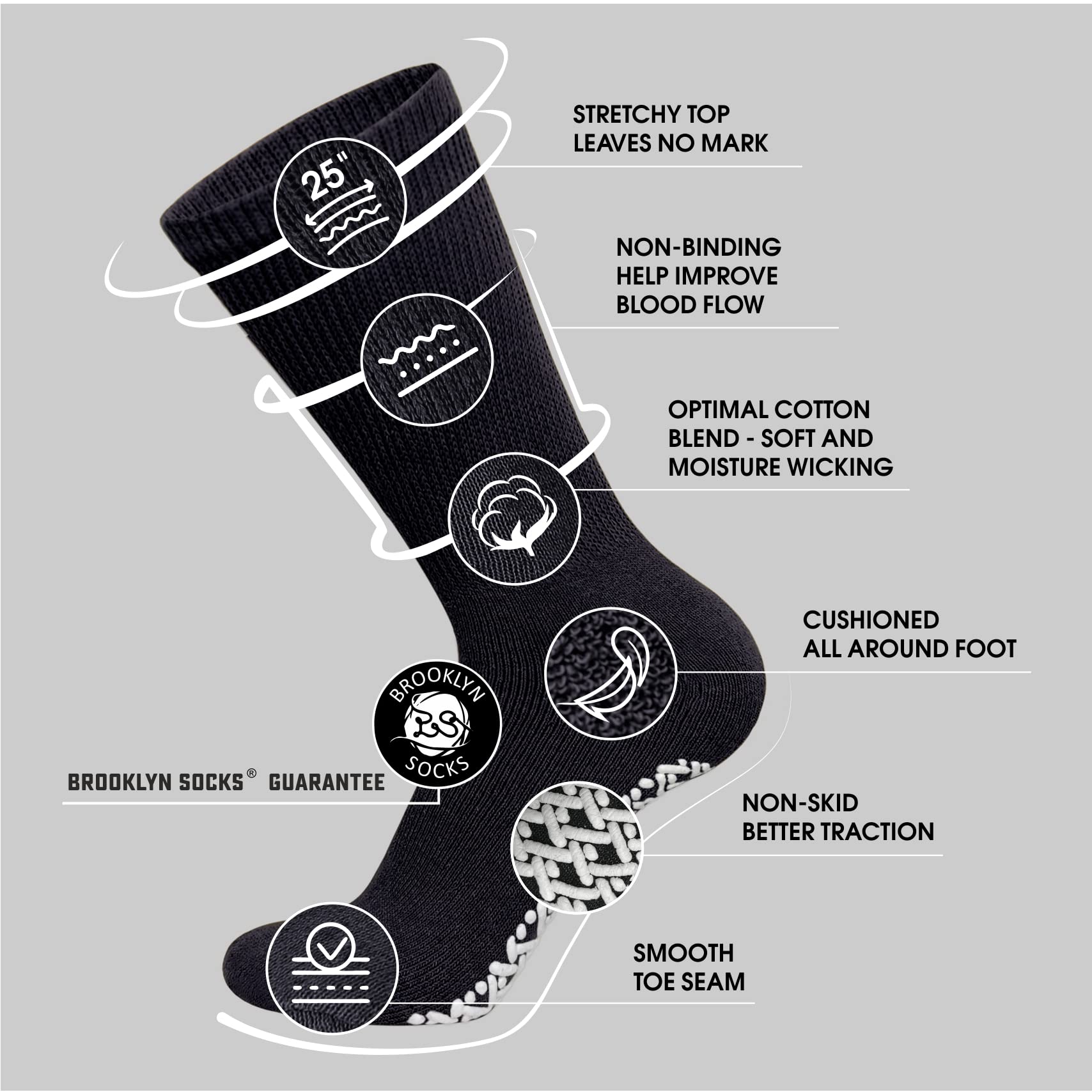 Brooklyn Socks en pie sobre suelo de madera demostrando estabilidad y seguridad