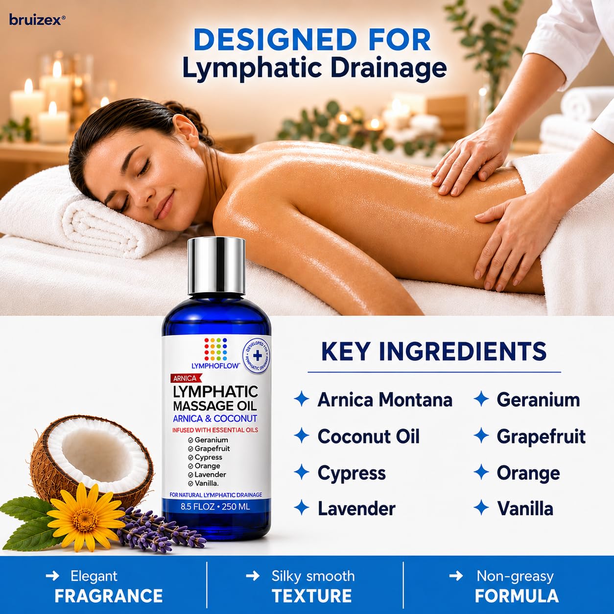 Bruizex frasco abierto con gota de aceite, demostrando absorción rápida y pureza
