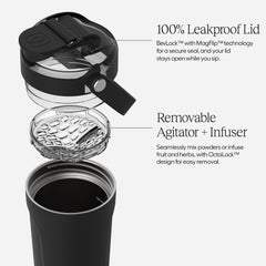 Tapa MagFlip de BrüMate con BevLock mostrando cierre seguro y apertura magnética