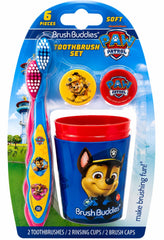 Brush Buddies empaque frontal del set mostrando contenido y personajes, motiva el cepillado