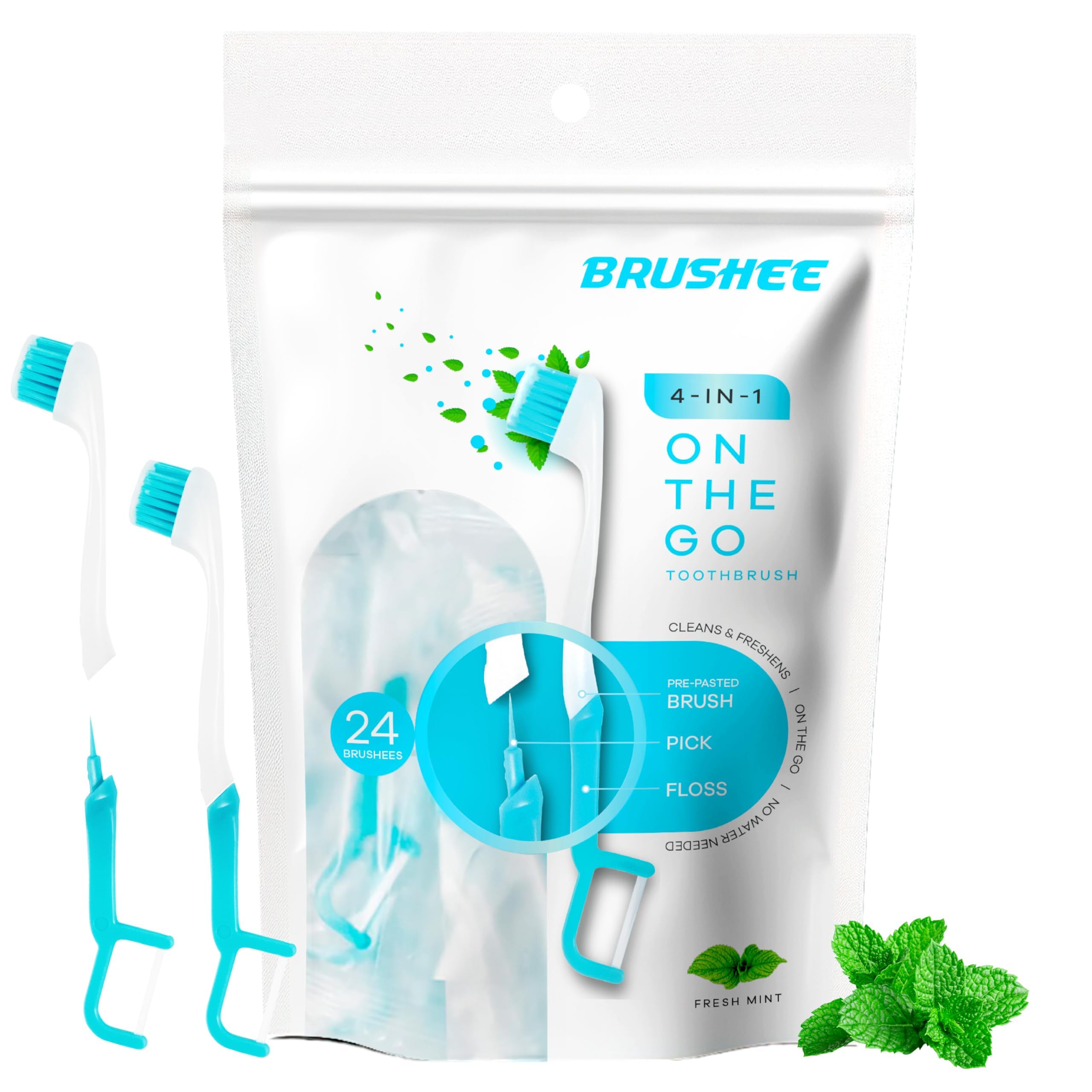 Brushee paquete frontal 24 unidades mostrando conveniencia para viajes