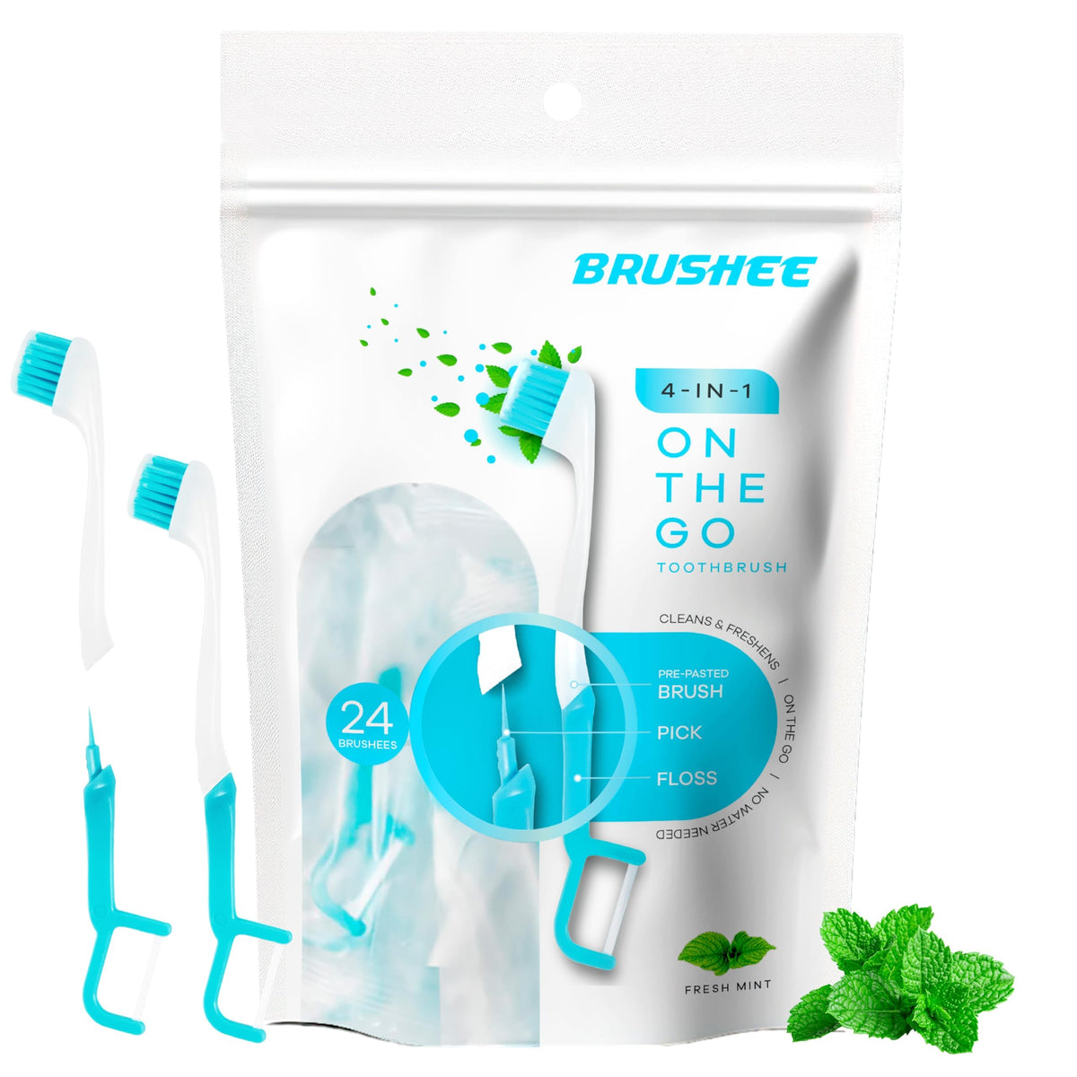 Brushee paquete frontal 24 unidades mostrando conveniencia para viajes