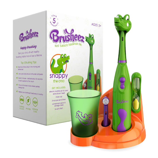 Brusheez embalaje frontal con personaje Snappy y beneficios visibles