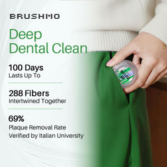 Brushmo BB Floss Air hilo dental en uso entre dos dientes, facilita limpieza en espacios estrechos