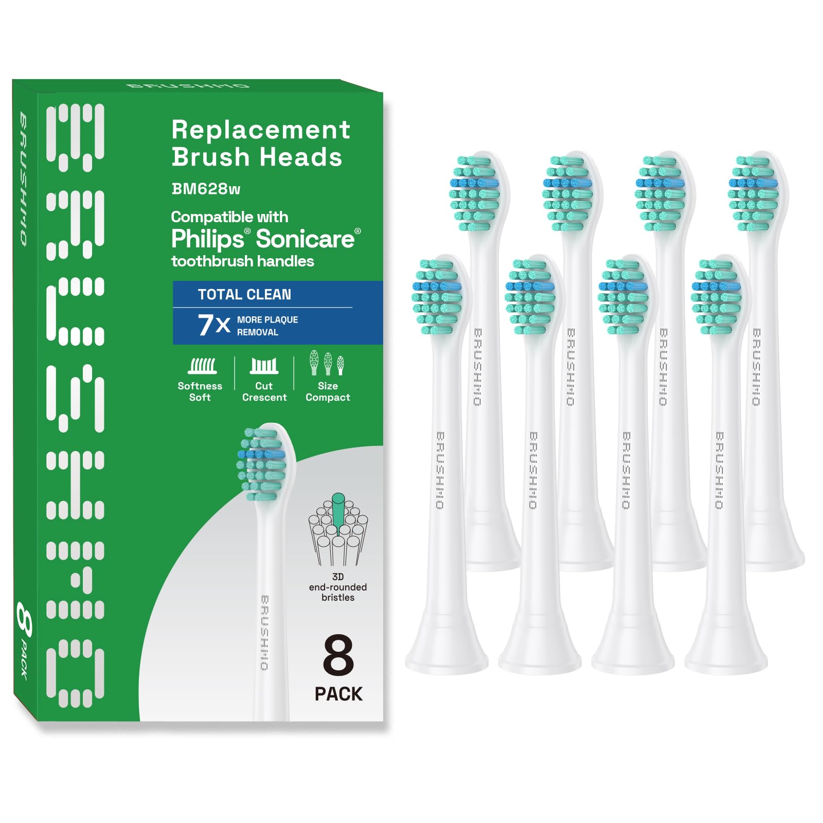 Brushmo cabezal frontal pack 8 mostrando compatibilidad con mangos Sonicare y repuesto fácil