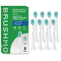 Brushmo cabezal frontal pack 8 mostrando compatibilidad con mangos Sonicare y repuesto fácil