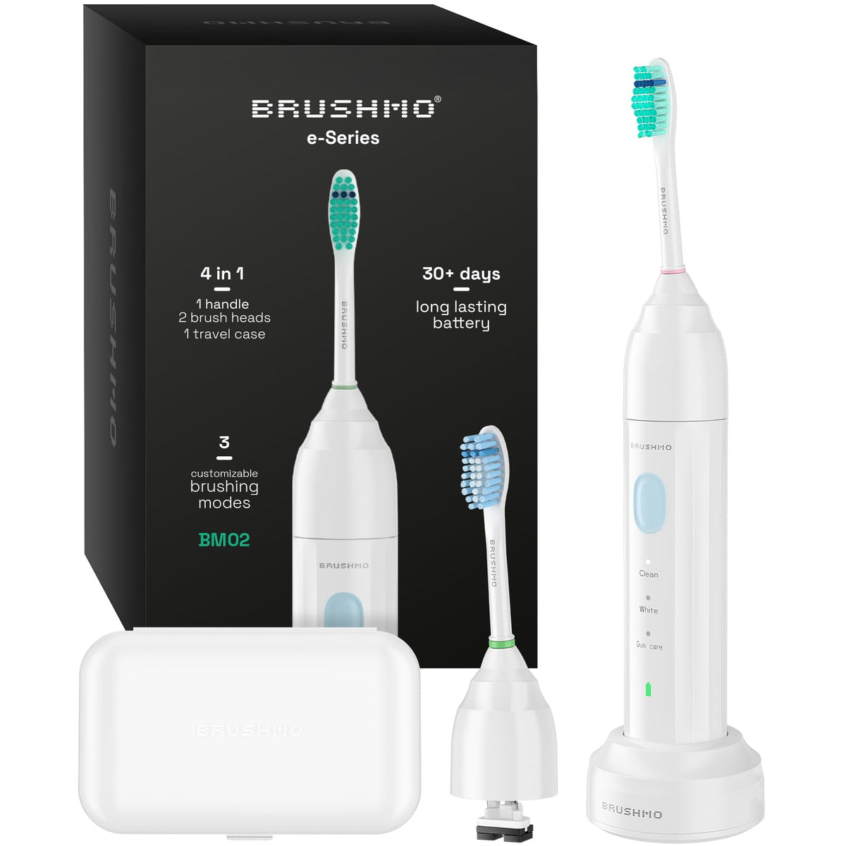 Brushmo imagen frontal del mango y cabezales mostrando diseño ergonómico y limpieza potente