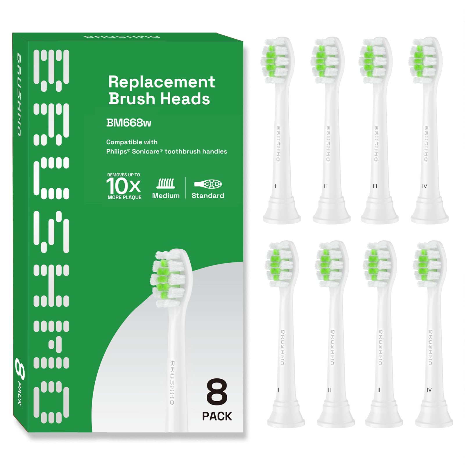 Brushmo frontal del paquete mostrando 8 cabezales y compatibilidad