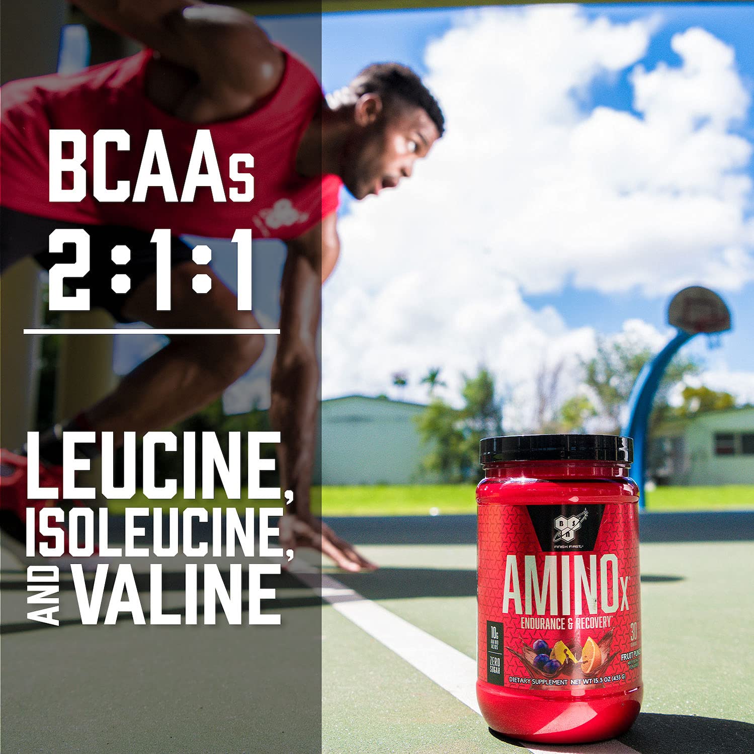 BSN etiqueta de AMINOx lista de ingredientes y beneficios visibles