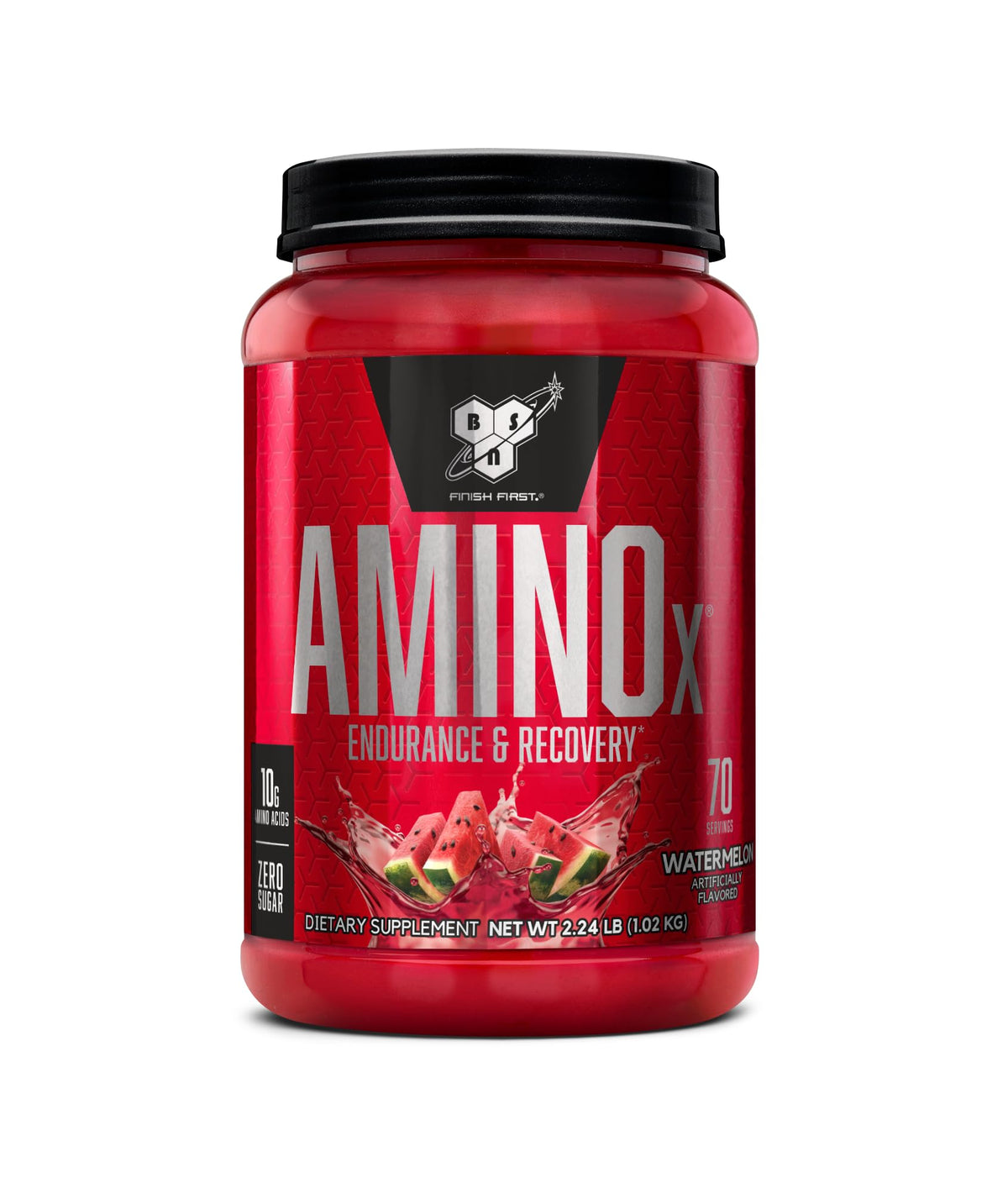 BSN envase AMINOx sandía frente mostrando etiqueta y beneficios
