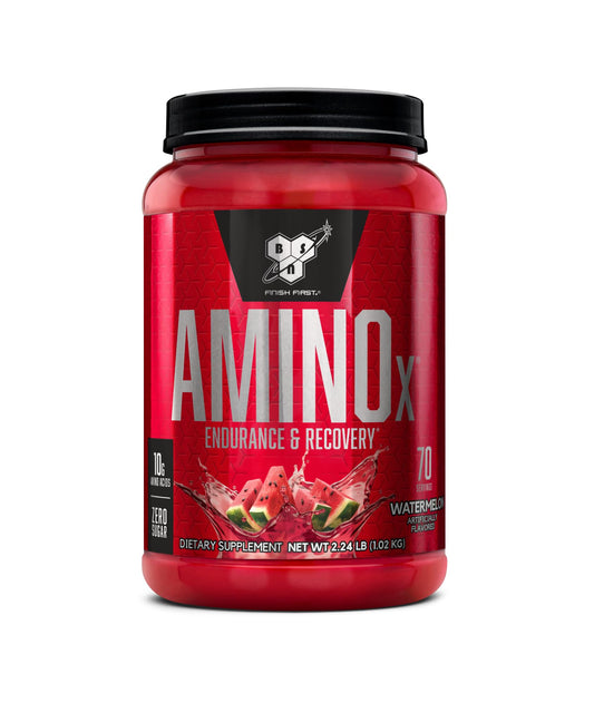 BSN envase AMINOx sandía frente mostrando etiqueta y beneficios