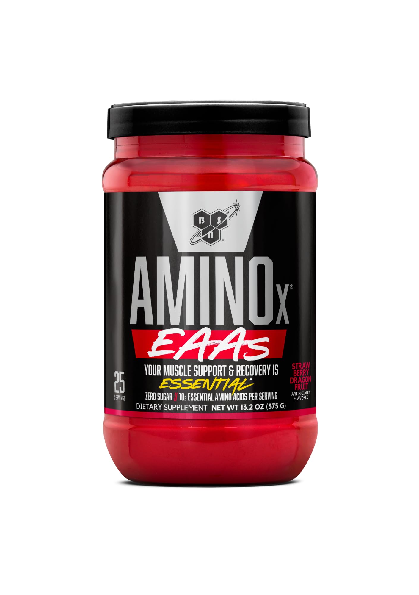 BSN bote frontal con sabor Strawberry Dragonfruit y diseño visible, muestra portabilidad y uso