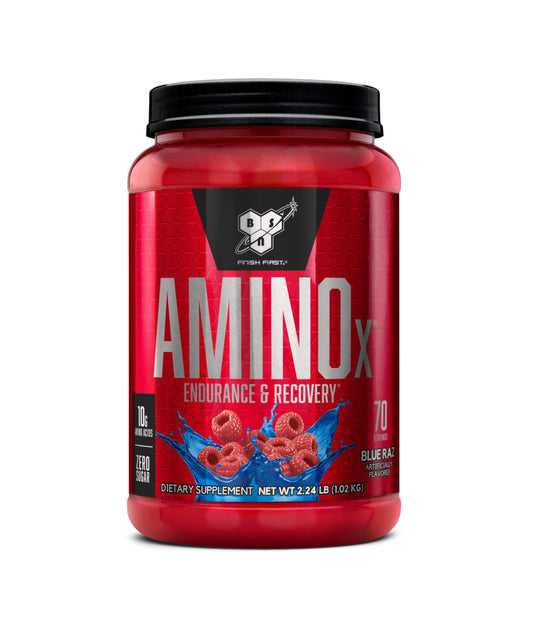 BSN AMINOx presentación frontal mostrando bote y sabor Blue Raz, conveniencia