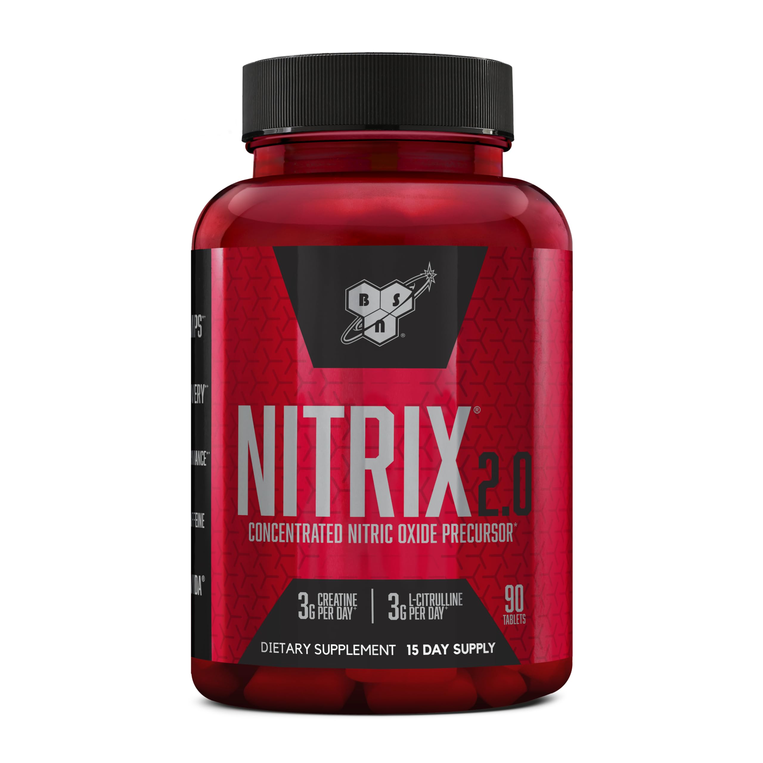 BSN envase frontal Nitrix 2.0 mostrando 90 tabletas y beneficio de soporte en entrenos