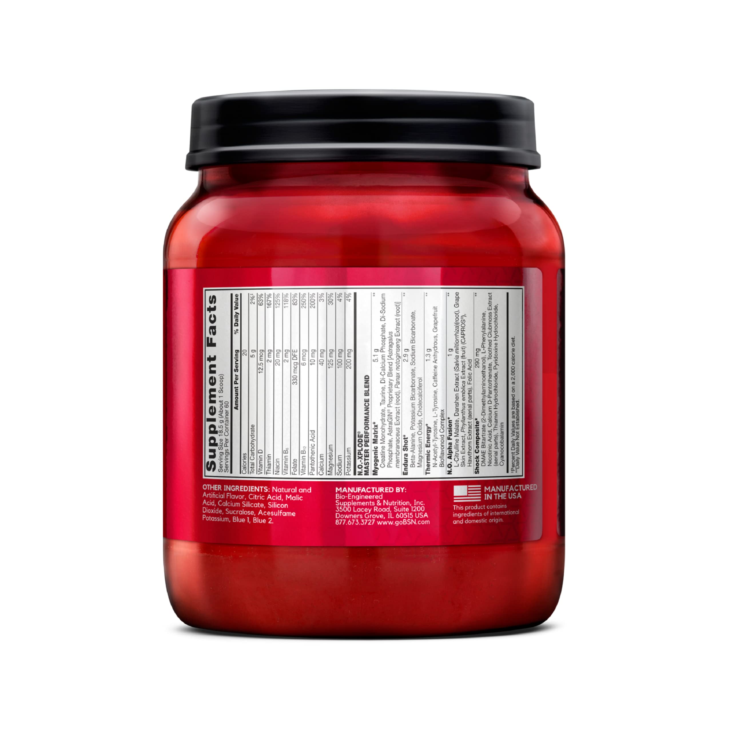 BSN N.O.-XPLODE envase junto a objetos para comparar tamaño y duración