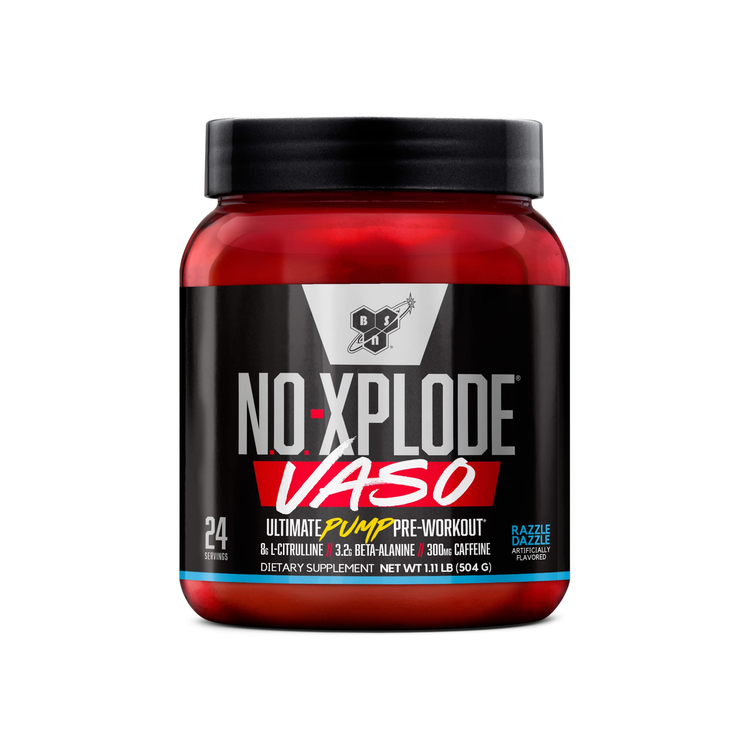 BSN envase frontal de N.O.-XPLODE VASO mostrando diseño y tamaño
