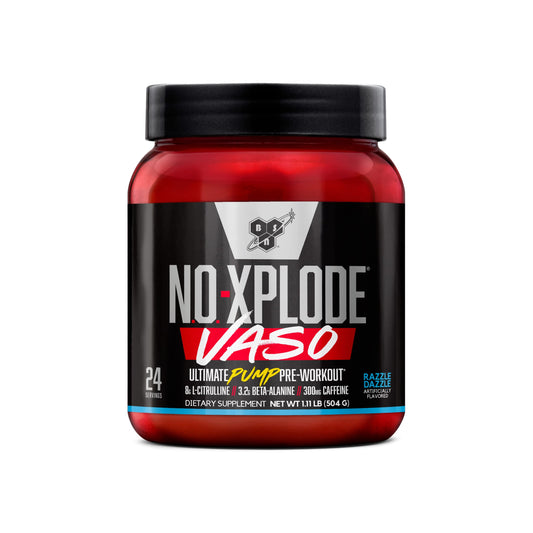 BSN envase frontal de N.O.-XPLODE VASO mostrando diseño y tamaño