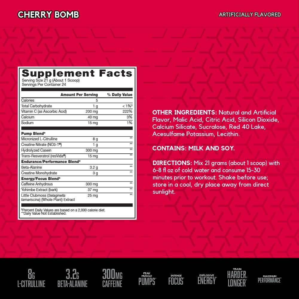 BSN polvo Cherry Bomb en primer plano, textura fina para mezclas rápidas