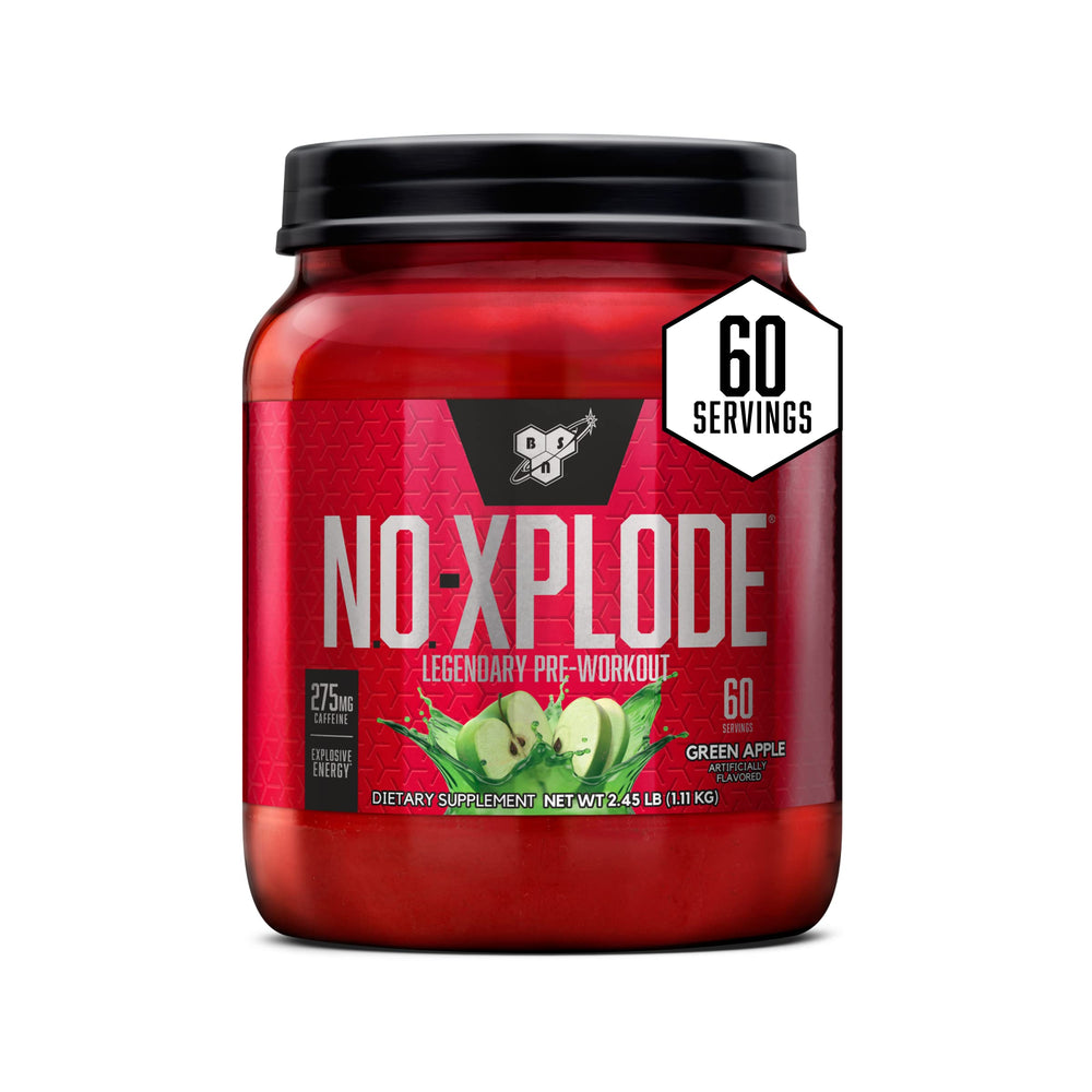 BSN envase N.O.-Xplode Green Apple mostrando diseño y volumen