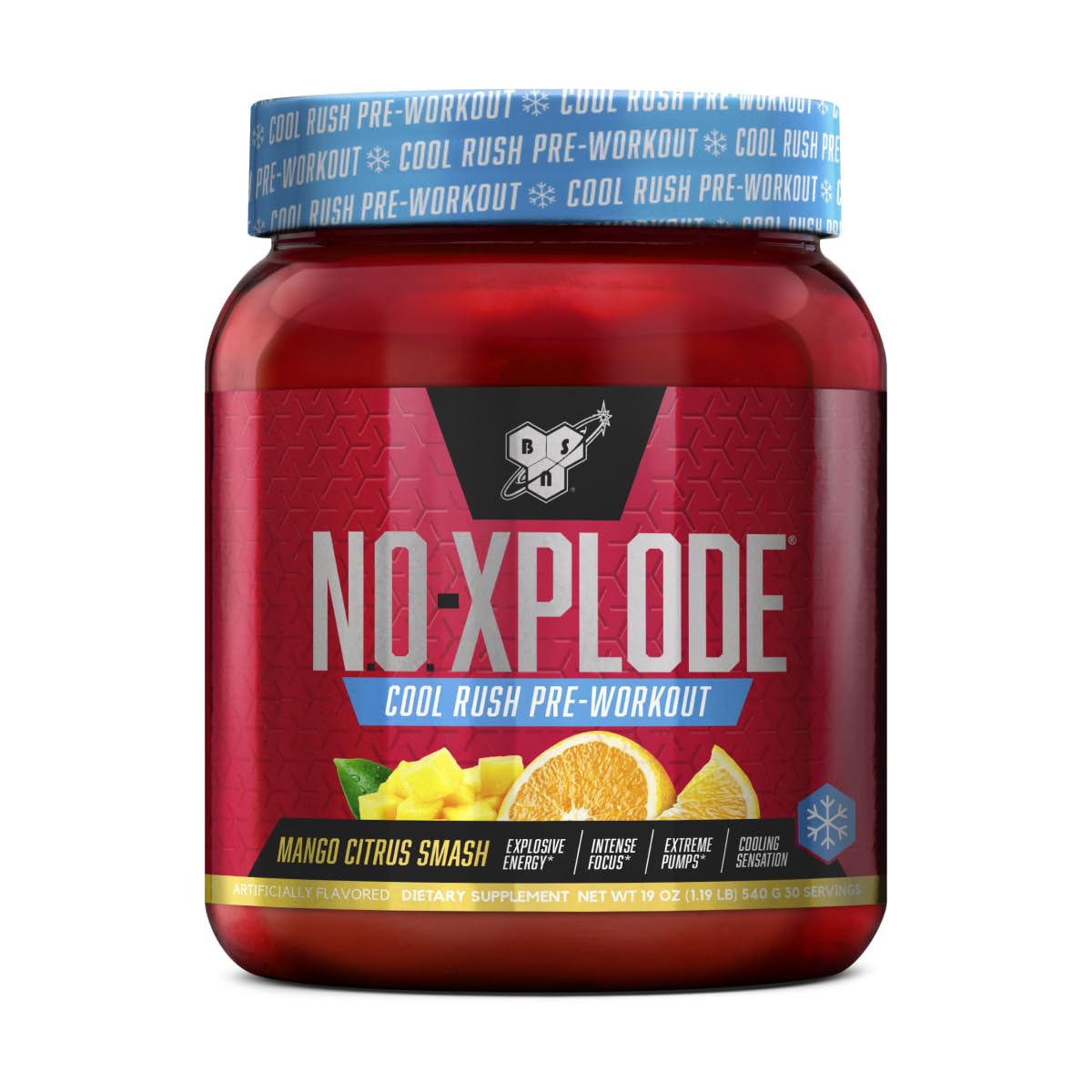 BSN frasco N.O.-XPLODE vista frontal mostrando diseño y marca para identificar producto