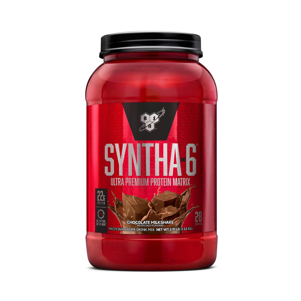 BSN envase frontal SYNTHA-6 chocolate con diseño claro y beneficios visibles