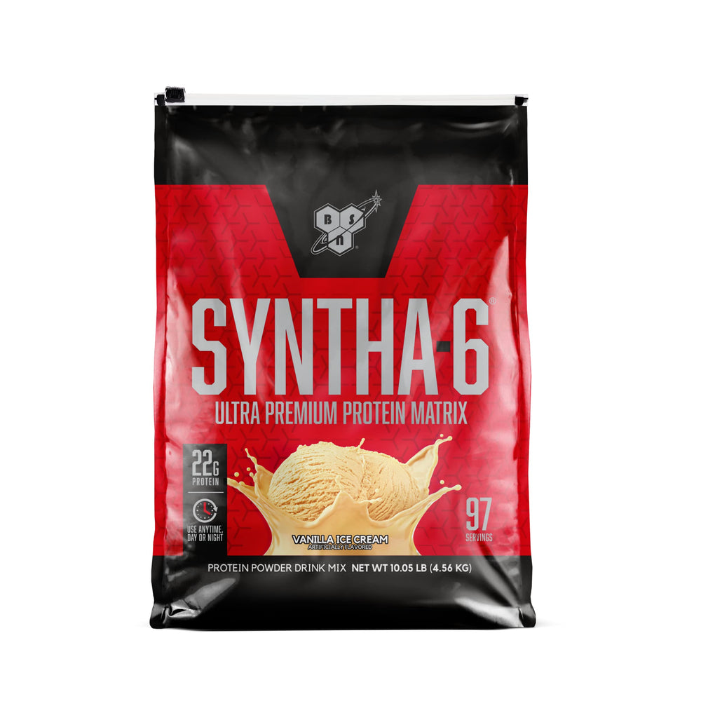 BSN SYNTHA-6 envase junto a mano para comparar el tamaño real del producto