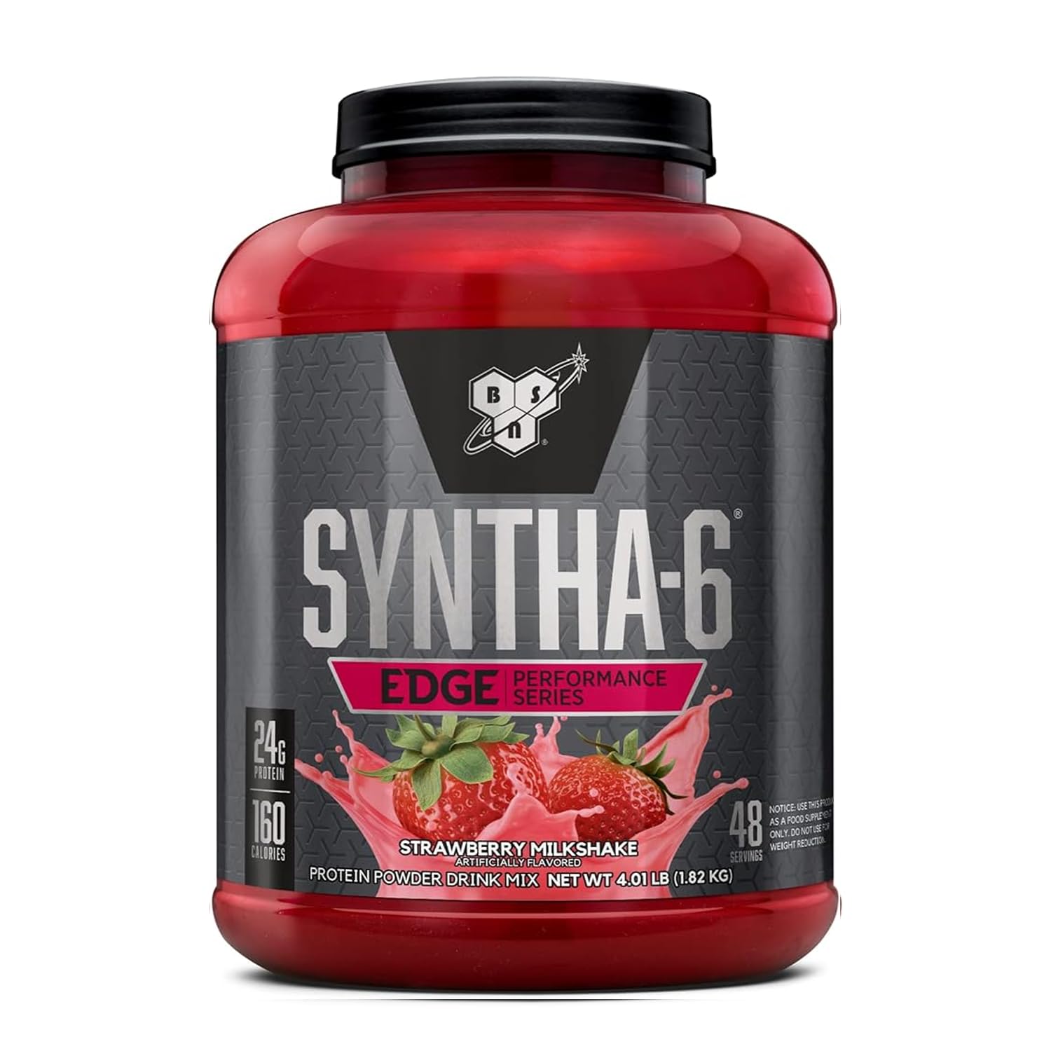BSN SYNTHA-6 EDGE envase en mano mostrando escala y porciones aproximadas
