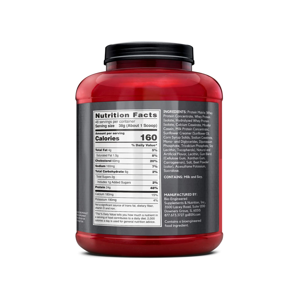 BSN SYNTHA-6 EDGE envase con taza medidora y dimensiones del paquete visibles