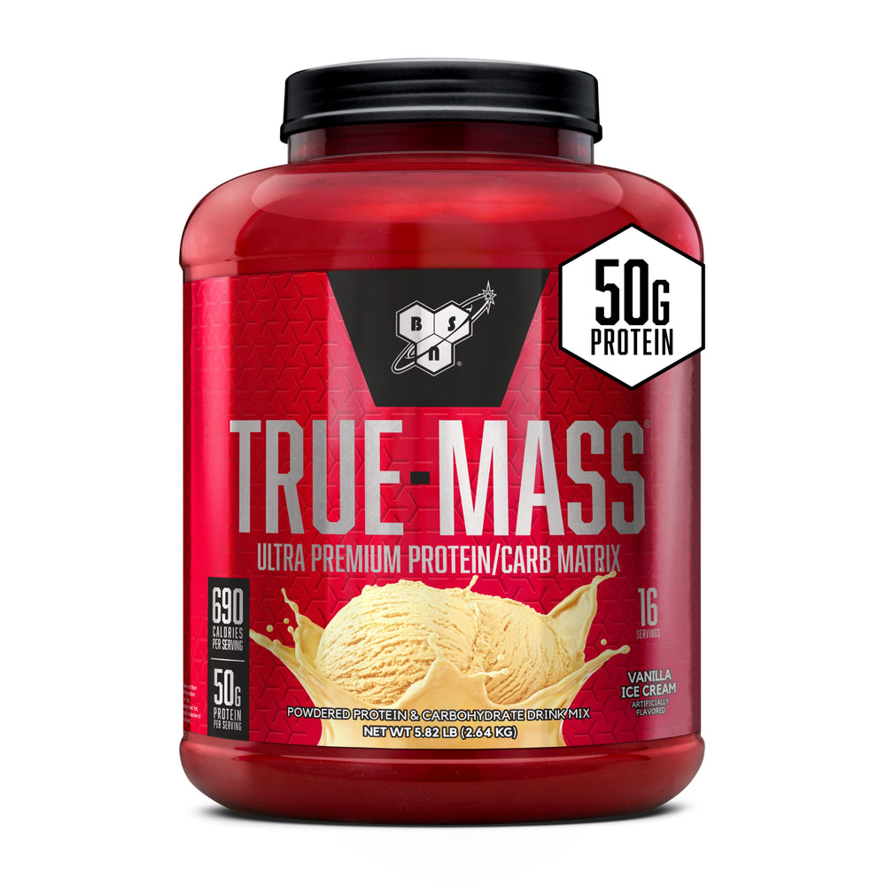 BSN envase True-Mass frontal mostrando tamaño y marca, ideal para ganancia de masa