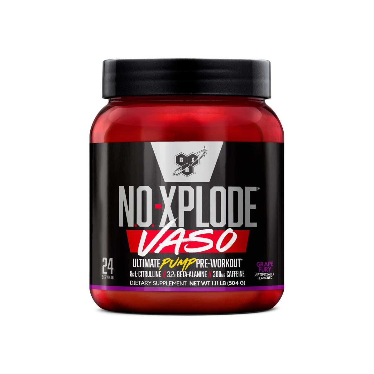BSN tarro frontal Grape Fury mostrando etiqueta y beneficio pumps intensos
