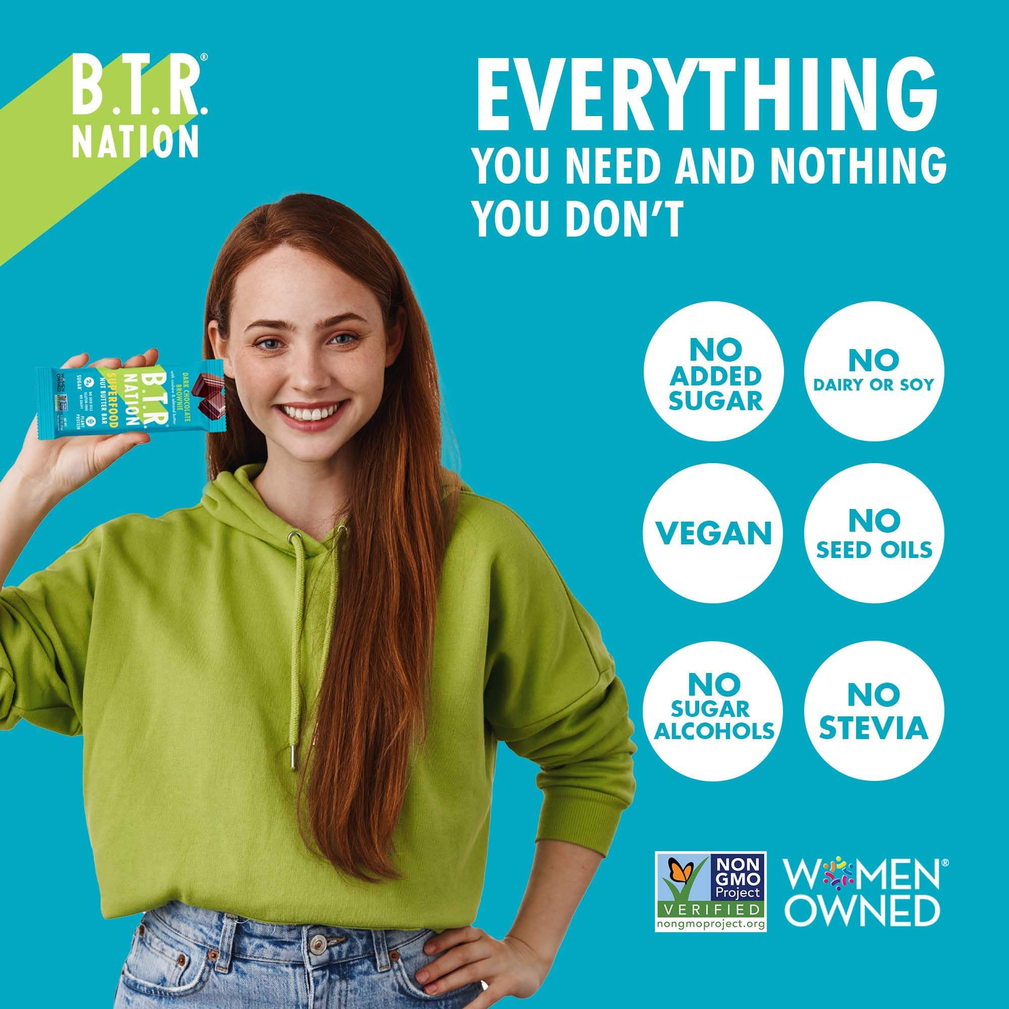 B.T.R. barra en mesa de desayuno saludable, beneficio alternativa nutritiva