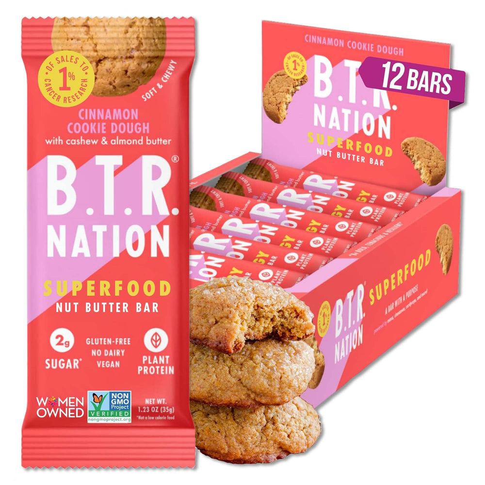 B.T.R. frente del empaque mostrando sabor cinnamon cookie dough y beneficios rápidos